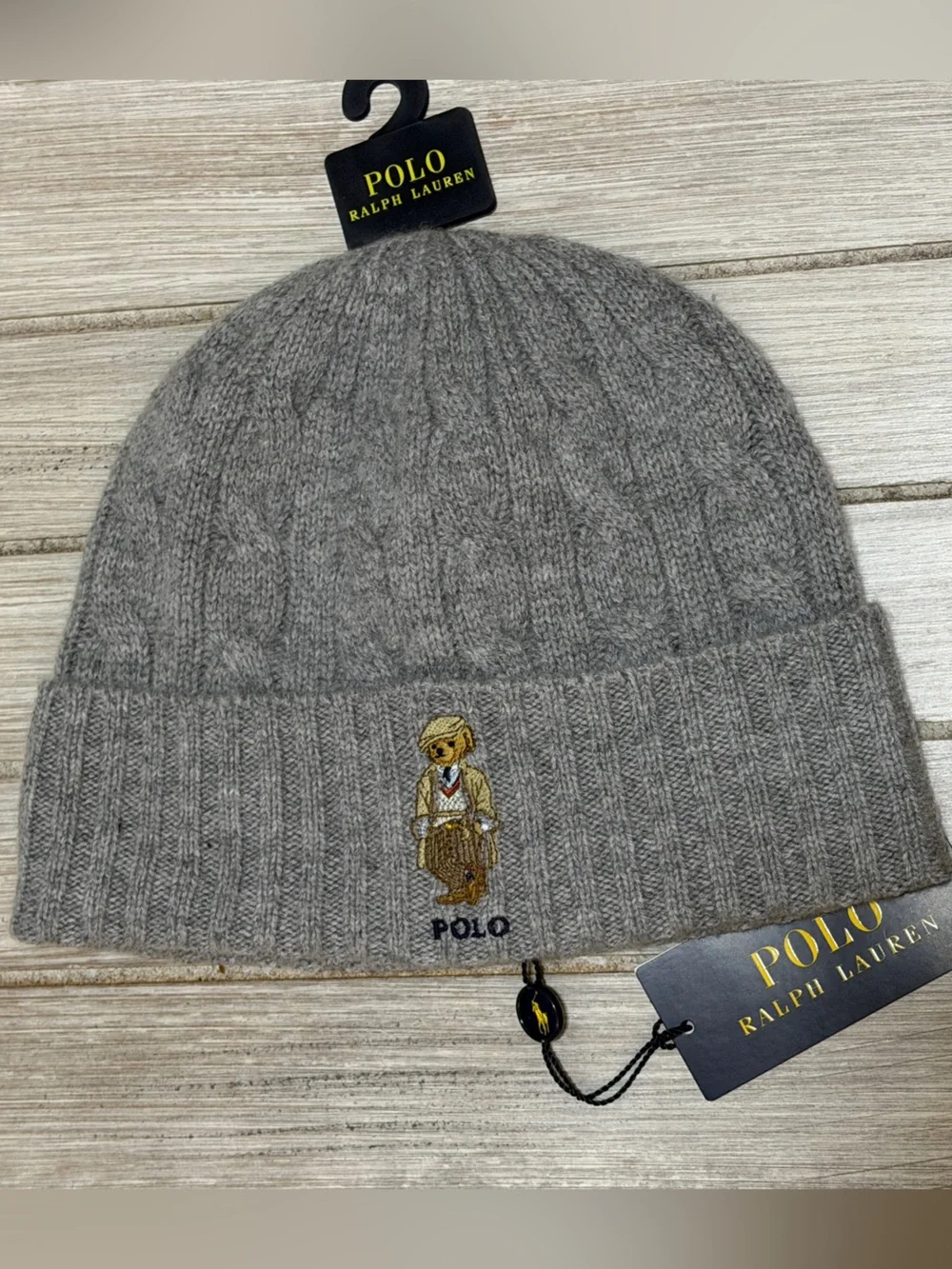 Polo Ralph Lauren Polo Bear Beanie Gray Cable Knit Hat NWT O/S Winter Preppy